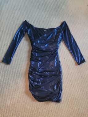 Express Off-Shoulder Metalic Blue Ruched Bodycon Dress